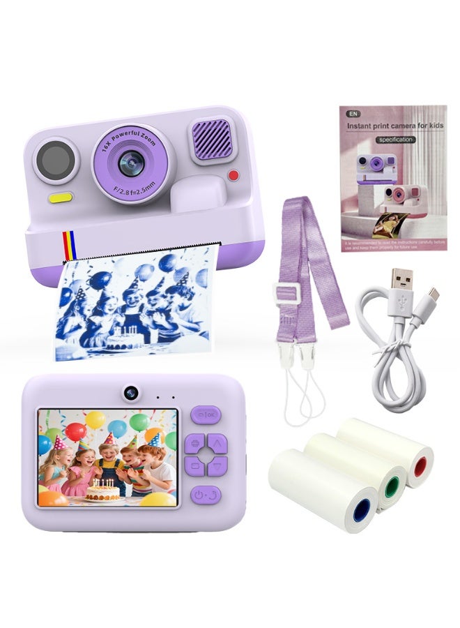 Toy Camera,HD-Retro Instant Print Camera for Kids – Black & White Photo Prints, Built-in Mini Games, Great for Everyday Fun, Travel & Holiday Gifts, Includes 3 Paper Rolls, USB Cable & Lanyard, Purple - Image 1